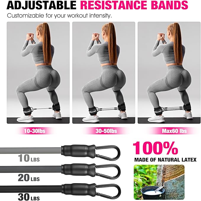 HOXWC Ankle Resistance Bands with Cuffs, Ankle Bands for Working Out, Glute Workout Equipment, Portable Cable for Glutes Workouts, Kick Back Ankle Straps with Exercise Bands, Home Workout Equipment