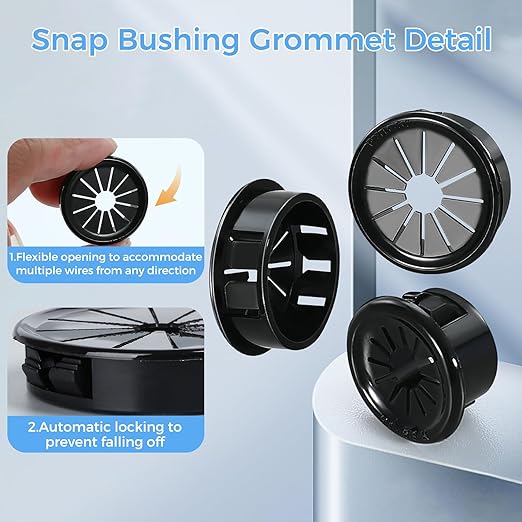 BOPOREAE 25 Pcs Cable Grommet, Snap Bushing 1-1/8" (28 mm) Mounting Diameter, Flexible Petal-Shaped Buckle Round Nylon Desk Grommet for Wires Through Countertop Cord Organizer and Protection, Black