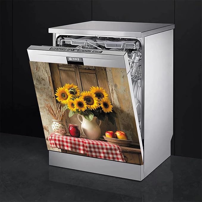 Vase Sunflower Magnetic Dishwasher Magnet Cover Decal, Vintage Rustic Desktop Apples Vinyl Decor Magnetic Fridge Door Cover, Dishwasher Magnetic Sticker, Easy Update 23" x 26" Magnetic