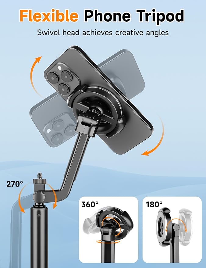 70" Magnetic Phone Tripod, Selfie Stick Tripod for iPhone MagSafe & Camera with Rechargeable Remote & 2 in 1 Magnetic Holder, 360° Rotatable Portable Cell Phone Stand for Travel Vlog Video Recording