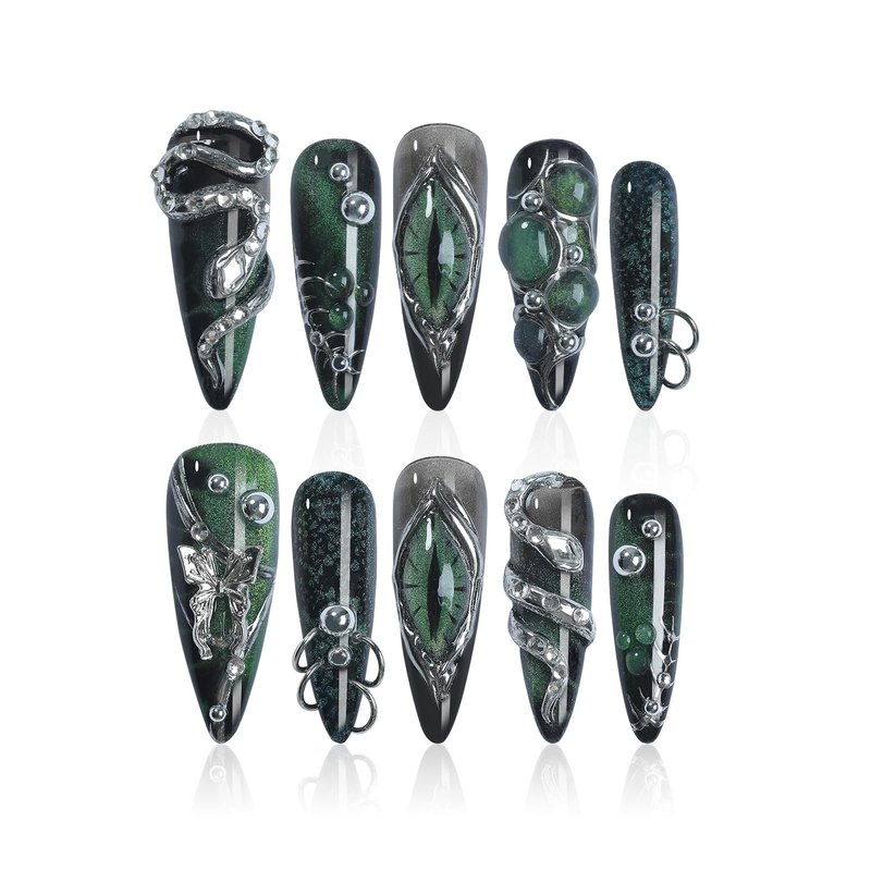 HOMSERA Handmade Press on Nails - Dark Luxury Press on Fake Nails Reusable 4D Press on Nail for Birthday Party Live Salon