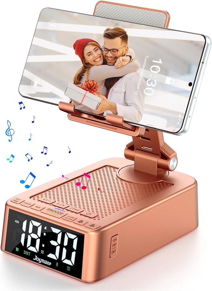 Joymate Gifts for Women Girls, Phone Stand with Bluetooth Speaker 360° Rotable Angle Adjustable Cell Phone Holder for Desk with HD Subwoofer Sound Fits All Phones,Tablets (Rose Gold)