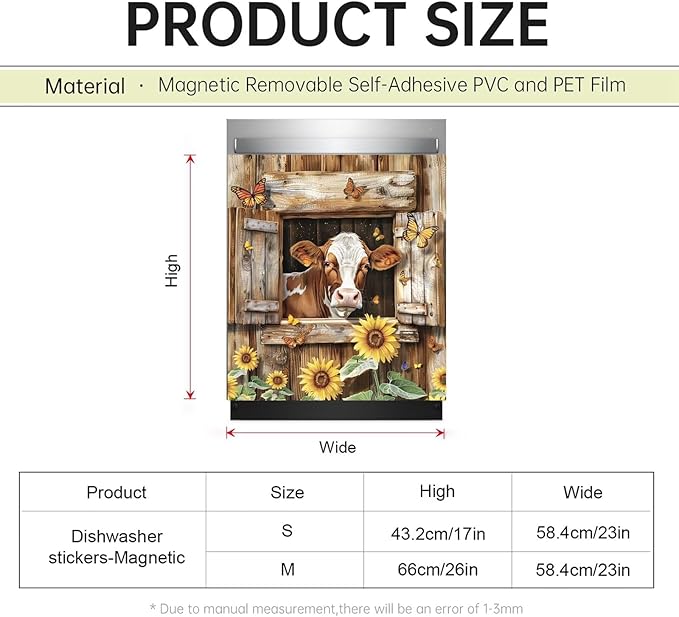 Farm Animals Cow Kitchen Magnet Dishwasher Skin Cover Panel, Country Sunflower Refrigerator Door Cover Sheet Magnetic, Butterfly Magnetic Dishwasher Sticker for Front, 23" W x 17" H Magnetic