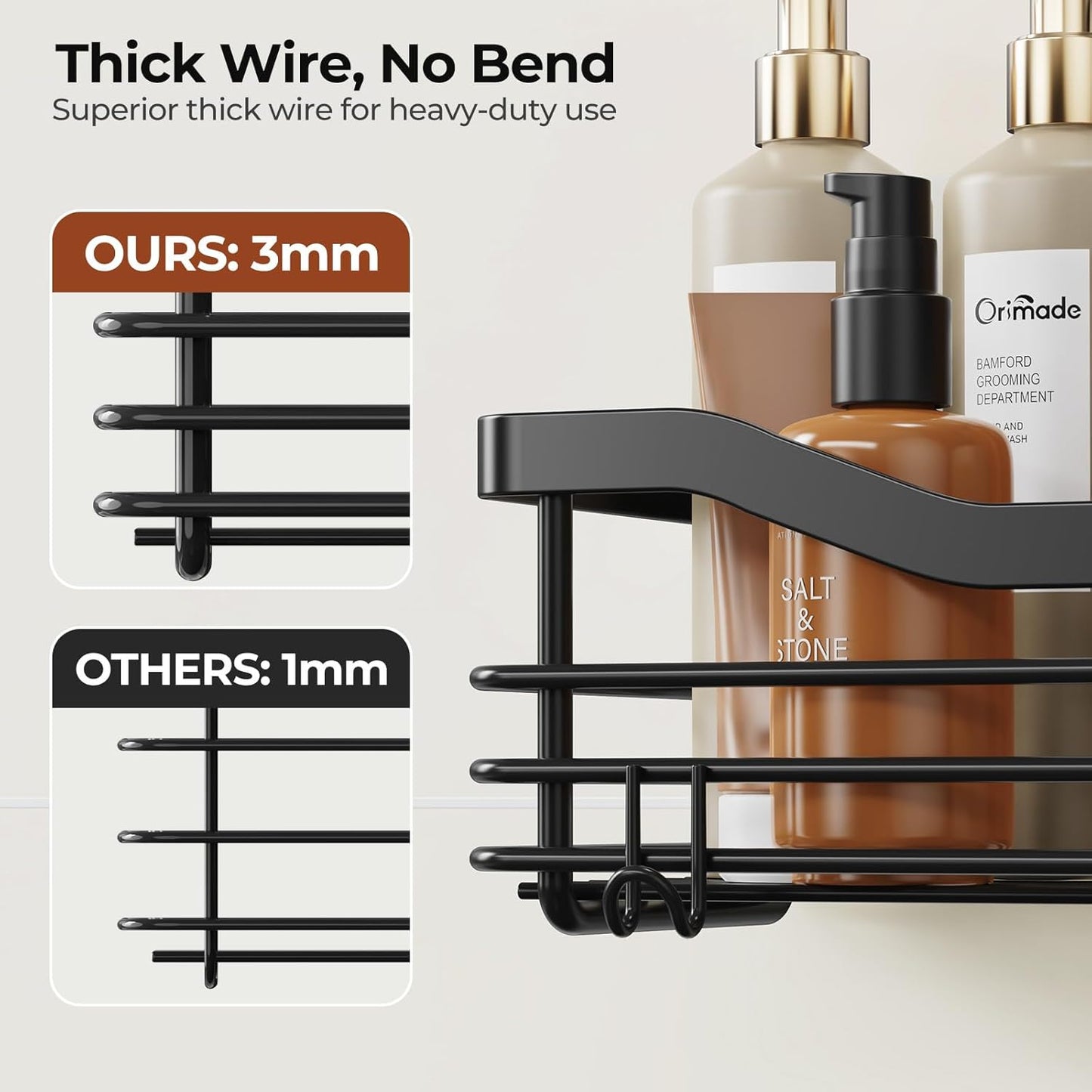Orimade Shower Caddy - Wall-Mounted Bathroom Organizer with 5 Hooks | No Drilling, SUS304 Stainless Steel - 3 Pack, Black