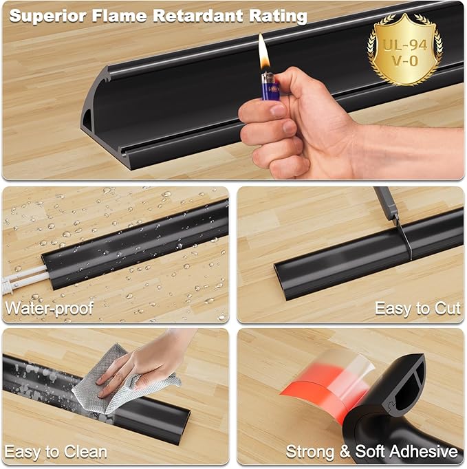 Kneelisa 6FT Side-Open Extension Cord Covers for Wires on Floor,Silicone Power Cable Protector Cord Hider Management Strip,Hide Electric Wire on Carpet,Chord Runner Protective Safety,Black