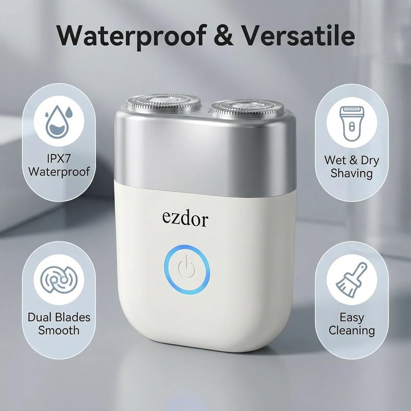 Mini Electric Shaver - Portable USB-C Rechargeable Razor for Men | Dual Blade, Wet & Dry, IPX7 Waterproof, Easy Clean