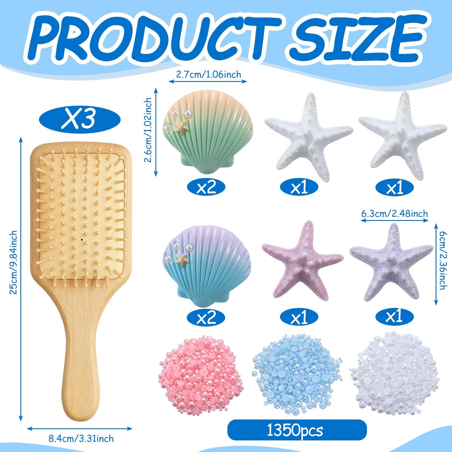 LemonRoad 3 Set DIY Wooden Hairbrush Craft Kit Decorate Your Own Hair Brush with Pearl Seashell Starfish Glue Hairbrush Gifts for Women Girls Birthday Bridal Baby Shower Wedding Mermaid Party Favor