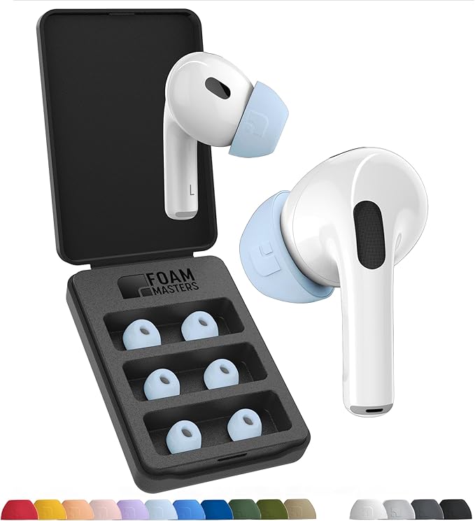 Foam Masters Ultra-Premium Memory Foam Ear Tips for AirPods Pro 1st & 2nd Gen | 3 Pairs | New Ver. | Secure Fit | Super Comfort | Better Noise Cancel | Replacement Buds (Assorted S/M/L, Light Blue)
