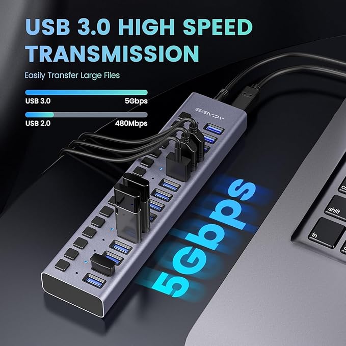 Powered USB Hub - ACASIS 16 Ports 90W USB 3.0 Data Hub - with Individual On/Off Switches and 12V/7.5A Power Adapter USB Hub 3.0 Splitter for Laptop, PC, Computer, Mobile HDD, Flash Drive and More