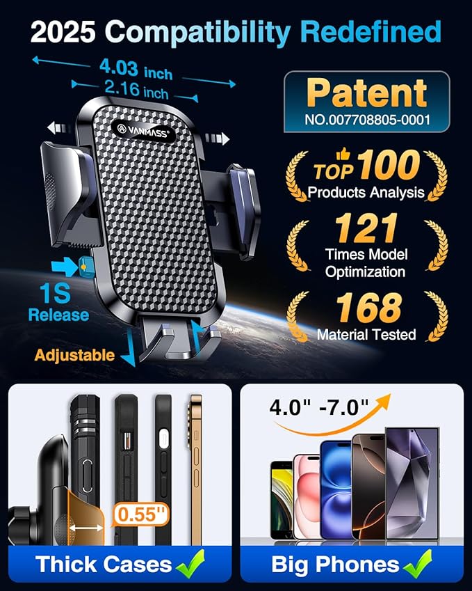 VANMASS【85+LBS Strongest Suction & Military-Grade Ultimate Car Phone Mount【Patent & Safety Certs】 Cell Phone Holder for Dash Windshield Vent for iPhone 17 Pro Max Automobile Accessory Kits,Matt Black