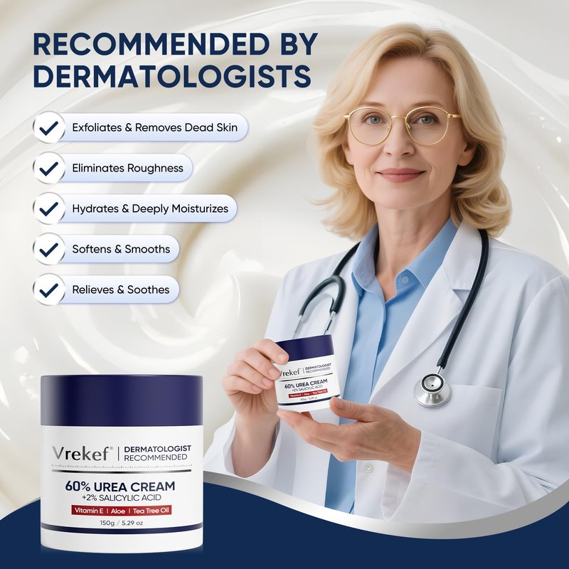 VREKEF Urea Cream 60% with 2% Salicylic Acid, Urea Cream 60 Percent for Feet Maximum Strength, Foot Cream & Callus Remover for Dry Cracked Heels, Rough Thick Skin, Deep Hydration, 5.29 oz