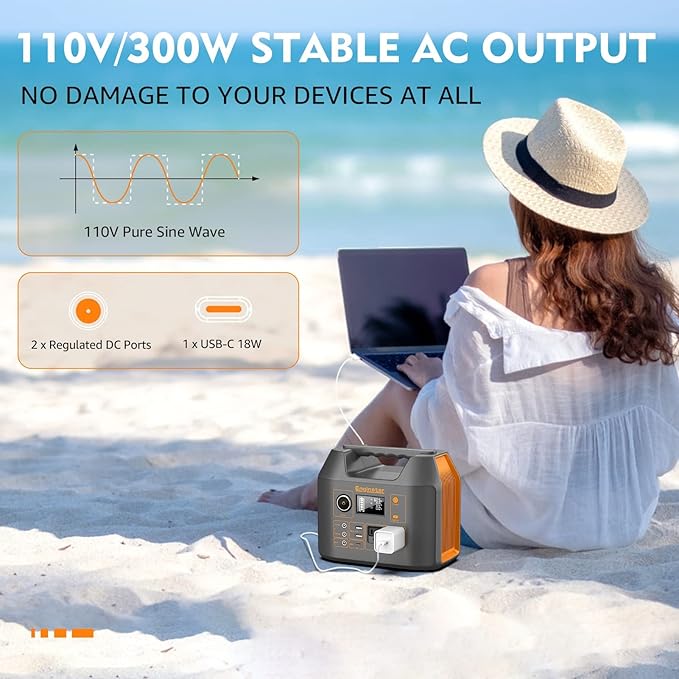 EnginStar Portable Power Station,300W Solar Generator, 110V 296Wh Power Bank Two Pure Sine Wave AC Outlet 80000mAh Lithium Battery Pack for Camping Outdoors Trip RV Hunting Vans Emergency Backup