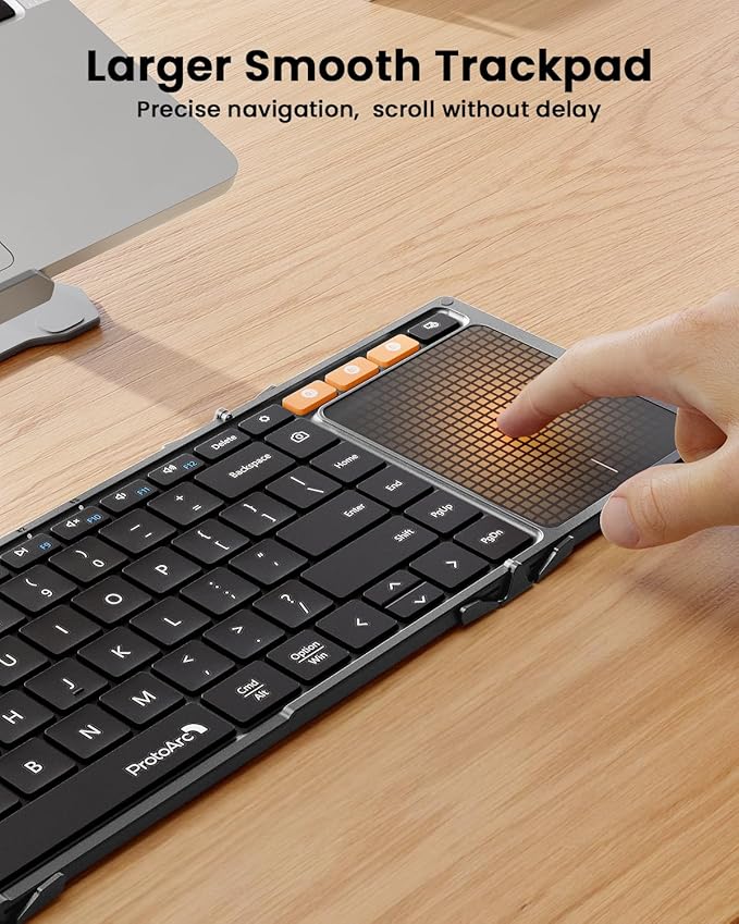 ProtoArc Foldable Keyboard with Touchpad, XK01 TP Folding Portable Keyboard, Full Size Keys, Large Trackpad Bluetooth Travel Keyboards for Laptop PC Tablet - Gray