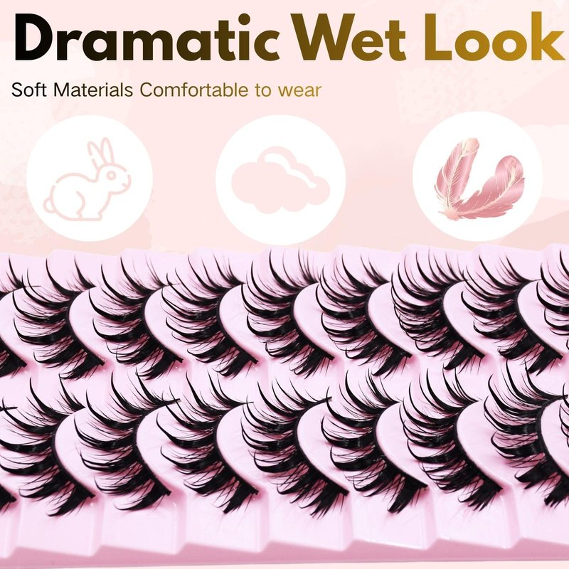 Anime Manga Style Cat Eye False Eyelashes 10 Pairs Wet Look C-Curl Spiky Makeup Lashes with Cotton Band for Cosplay, Daily Wear & Party