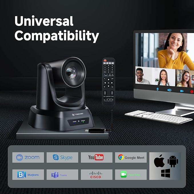 TONGVEO Wireless AI PTZ Camera with Auto-Tracking: Built-in 5.8GHz Receiver for Cable-Free Setup, 1080P 60fps 3X Zoom Conference Camera for Church Services, Online Classes & Hybrid Meetings