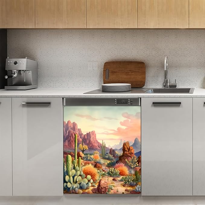 Desert Stone Cactus Dishwasher Magnet Cover Decorative Refrigerator Covers Magnetic Reusable Dishwasher Door Cover Kitchen Appliance Sticker Cover 23x26Inch