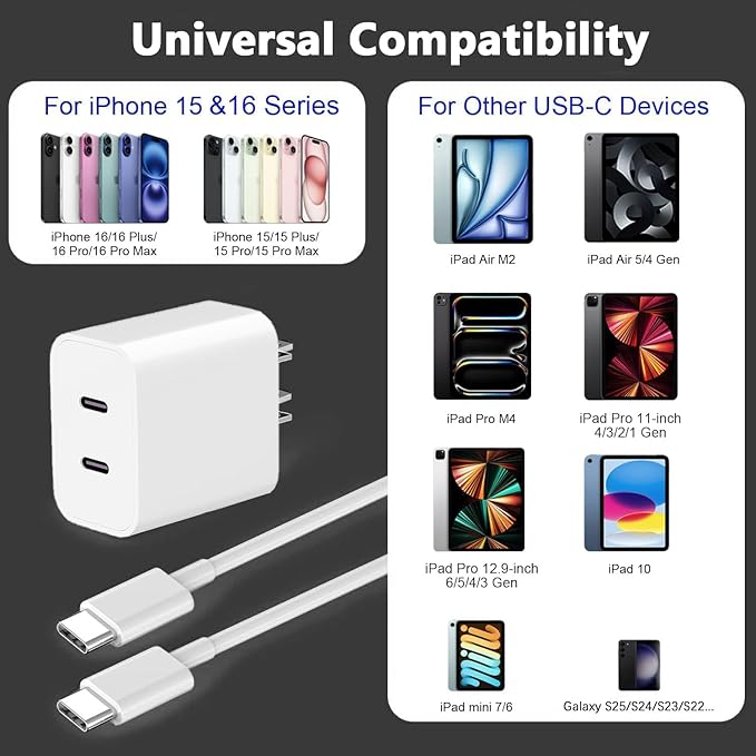 Charger for iPhone 17 16 15,Fast Dual Port USB C Charger Block,Double Type C Apple Wall Power Adapter Plug,10FT Quick USB C to C Charging Cable for iPhone 17/17 ProMax/17 Air/16 Pro/16e/15 Pro/15 Plus