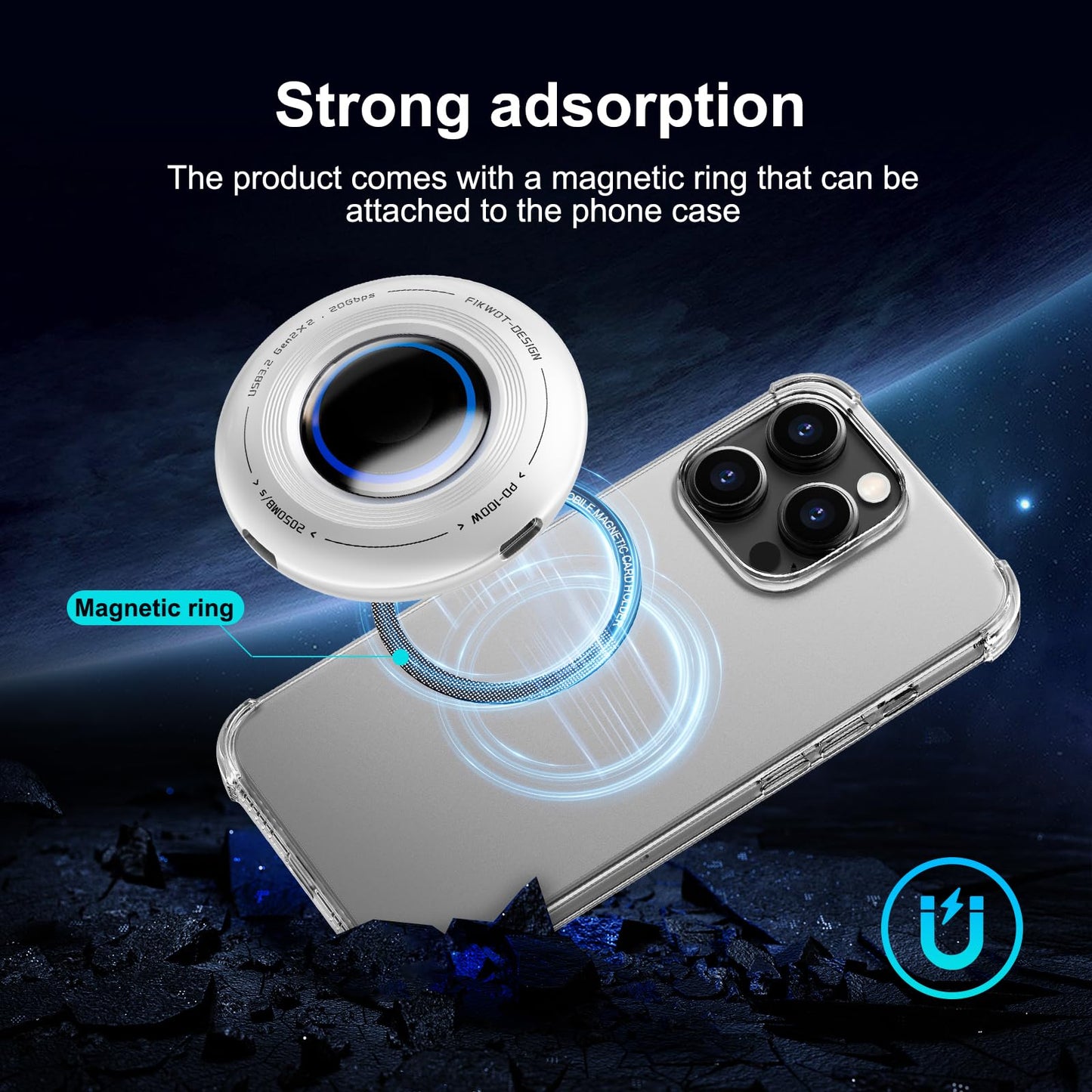 FP108 2TB Magnetic Portable SSD, External Solid State Drives with PD-100W and 2050MB/s USB-C 3.2 Gen 2x2, Play While Charging, Compatible with iPhone 16/15 Pro Max, Android, PC, Mac, Switch Lite