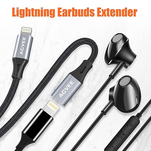 AGVEE 1ft Lightning Extension Cable, Braided Female to Male Extender Full Function Cord Compatible with iPhone iPad, Data Sync Video Audio & Charging Connector Adapter, Dark Gray