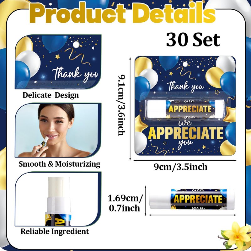 30 Pack Thank You Lip Balm Gifts Bulk, Blue Gold Graduation Lip Balm Gift, Appreciation Party Favor for Teacher Classmate Coworker Employee We Appreciate You Retirement Party Supplies
