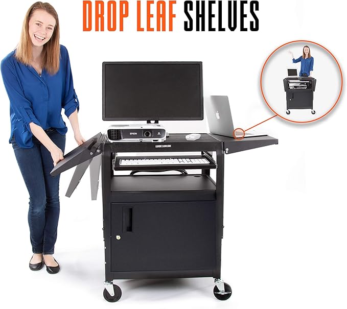 Leader Adjustable Height Rolling AV Cart, Mobile Workstation with Drop Leaf Shelves, Pullout Keyboard Tray, Locking Steel Cabinet, Power Strip for Classroom and Office Use (Black, 24-42 Inch)