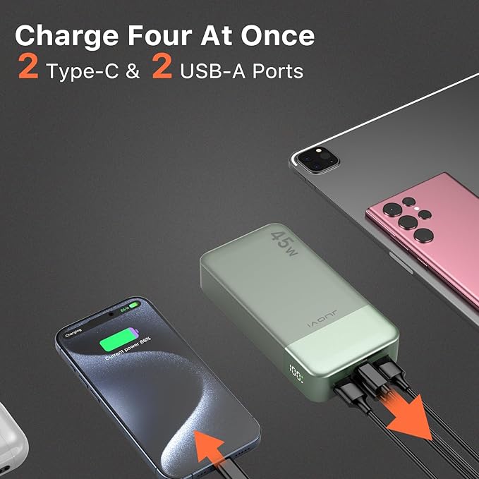 JUOVI Power Bank, 20000mAh 45W Portable Charger, PD3.0 QC4.0 Fast Charging with LED Display, 2 USB-C, 2 USB-A, Battery Pack for iPhone 15 14 13 Series, MacBook, Galaxy, iPad, and More (Green)