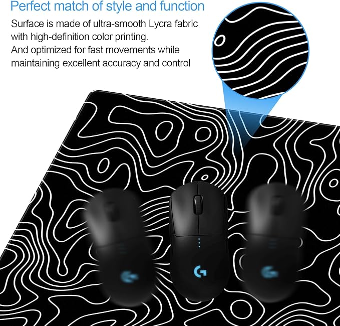 Black and White Topographic Desk Mat, Large Gaming Mouse Pad 31.5x15.7