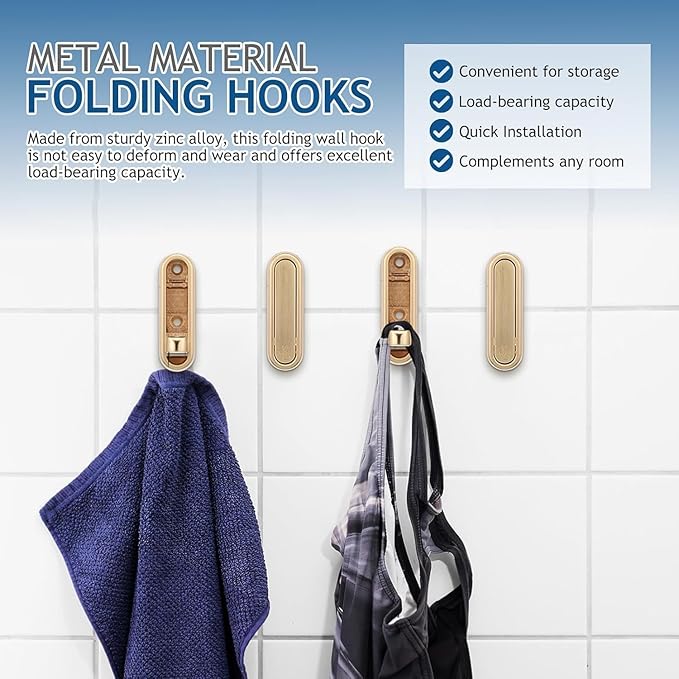 YipuVR 4PCS Gold Foldable Wall Hooks, Metal Folding Hooks Wall Mount, Easy Installation, Suitable for Bathroom Kitchen, Flip Down Hook for Wal l Hanging Coat, Bag, Towel, Key, Hat (Black)