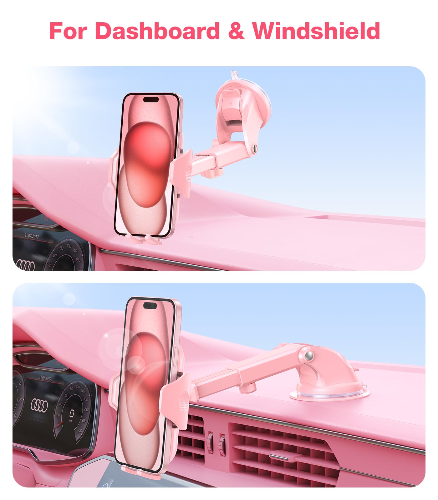VICSEED Pink Phone Holder for Your Car [Sturdy & Durable] [Powerful Suction] Dashboard Windshield Air Vent Car Phone Holder Hands Free Phone Mount for Car for iPhone Android, Pink Car Accessories