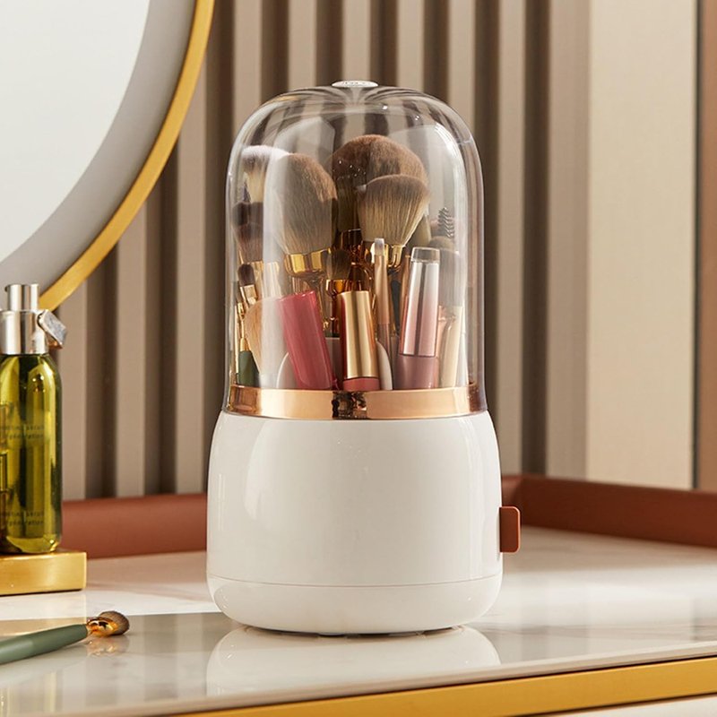 Makeup Brush Holder - 360° Rotating Makeup Organizer with Lid | White Storage Solution for Home
