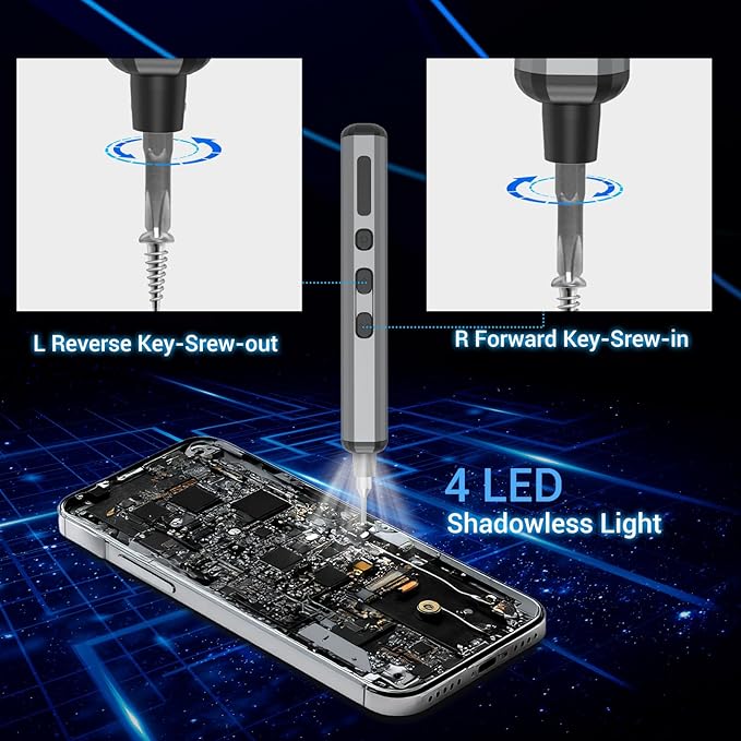 68 in 1 Mini Electric Screwdriver Set for Phone Watch Electronics PC Glasses repair tool kit, Magnetic precision bits, 5 Adjustable Torque, LED lights, Cordless Portable Rechargeable Type-C high power