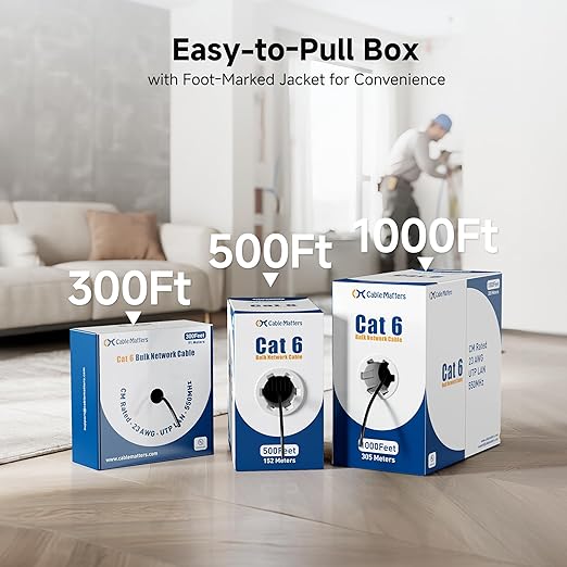 Cable Matters [UL Listed] 10Gbps in-Wall Riser Rated (CMR) 23AWG Bare Copper Cat6 Ethernet Cable - 300ft, Solid, UTP Cat 6 Ethernet Cable Spool, Cat 6 Cord Bulk, Black