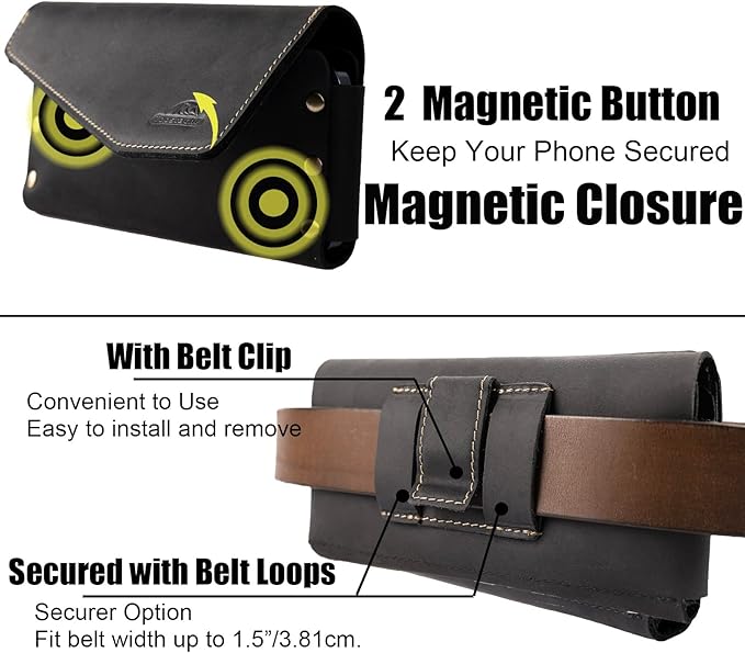 Topstache Belt Clip Leather Cell Phone Holster for iPhone 17/16/15/14, Galaxy S25/S24/S23 - Leather Belt Phone Case - ID/Credit Card Holder Clip Pouch - Fit Protective Cover on, L,Black