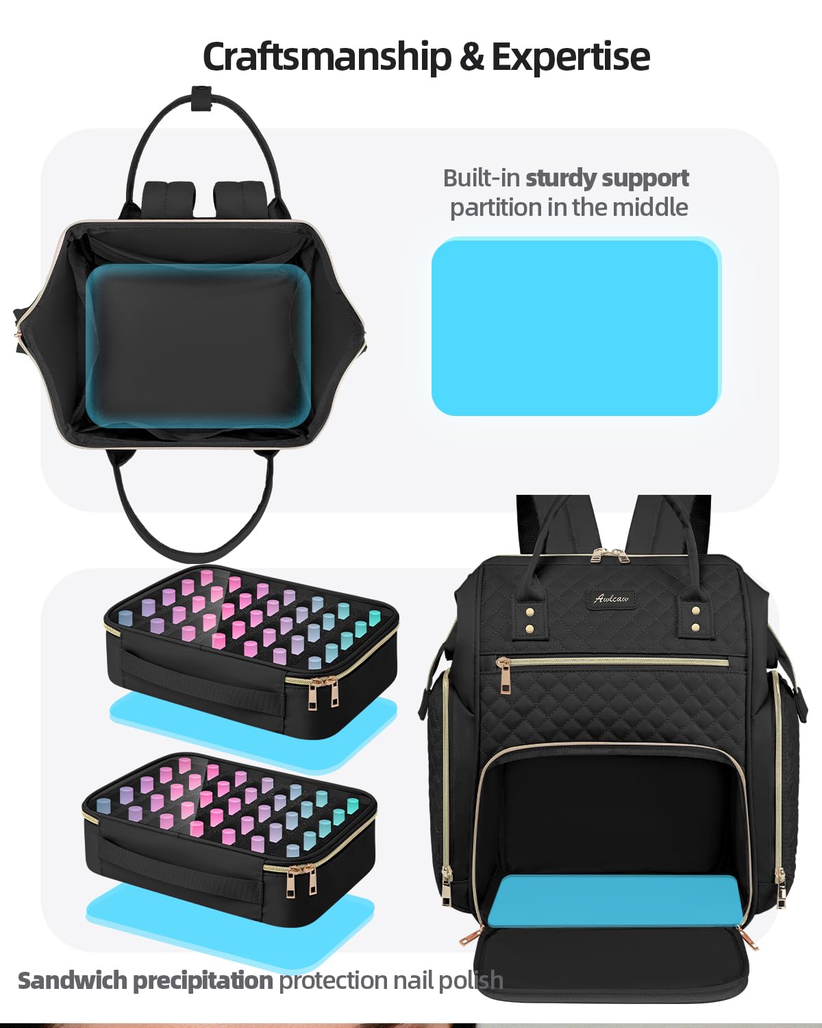 Awlcaw Large Nail Polish Organizer Bag Backpack Holds 70+ Bottles(15ml/0.5 fl.oz) UV Nail Lamp,Nail Organizers and Storage with 2 Removable Pouches Fits Nail Tool,Gift for Manicurist，Black