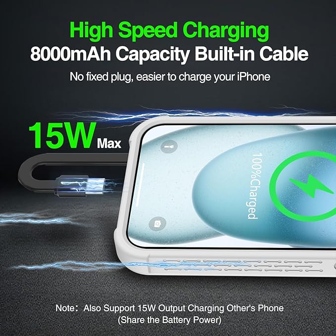 GIN FOXI Battery Case for iPhone 15 Pro Max/15 Plus, Charging Case Charger 7000mAh Portable Rechargeable Cover 15W Fast Ultra Slim Extended Battery Pack Juice Box Built-in Cable,Grey(6.7”)