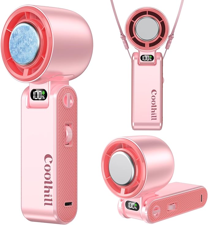 Coolhill Pro Handheld Portable Fan with Ice Cooler: 199-Speed 5500mAh Rechargeable Handheld Fan, 12H Time Hand Cooling Personal Fans with 20000 RPM Air Turbo Tech for Travel Outdoor (Pink)