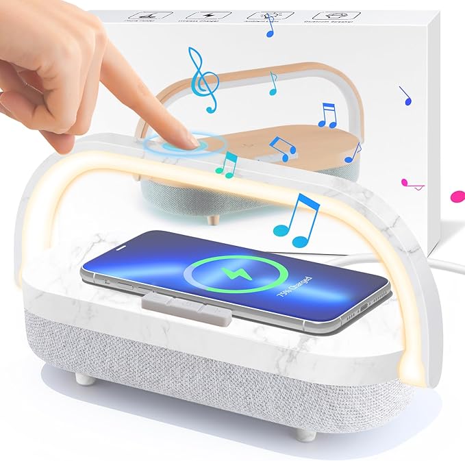 iGaur Nightstand Lamp with Wireless Charger,4 in 1 Touch Bedside Lamp Bluetooth Speaker,Portable Dimmable LED Night Light,Corporate Gifts Premium for Employees Clients,Birthday Gifts Women Wife Friend
