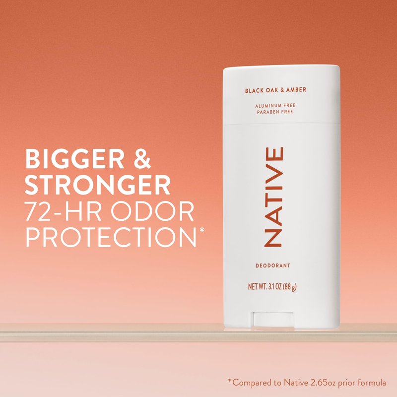 Native Aluminum Free Deodorant, Black Oak & Amber, Large Size Stick, 72 Hour Odor Control, for Women & Men, Contains Naturally Derived Ingredients, 3.1 oz