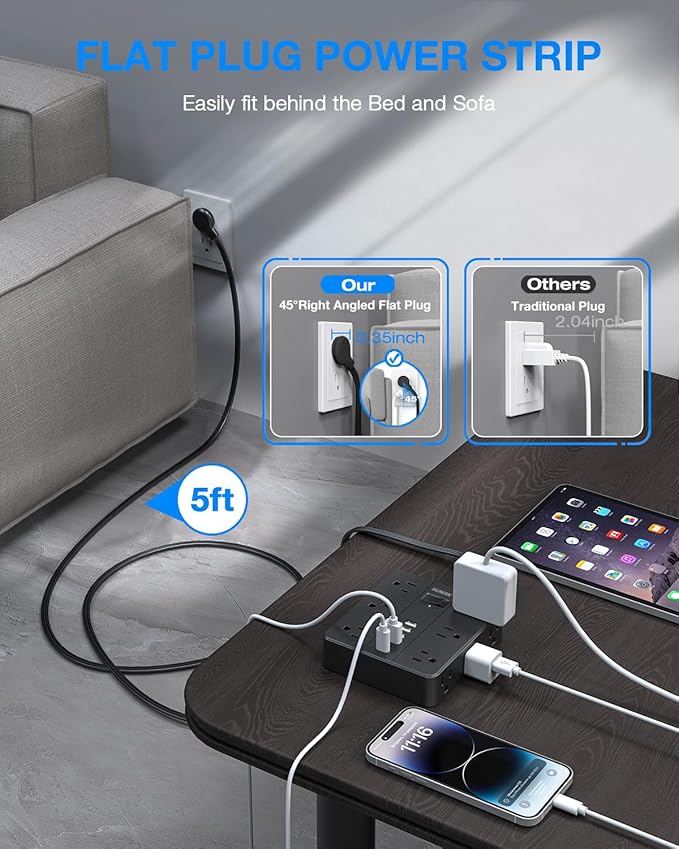Extension Cord 25 Ft, HUNIAN Flat Plug Power Strip, 12 Widely Spaced Outlets with 6 USB Charger (2 USB C Ports), Desk Charging Station for Home Office Supplies, Dorm Room, Black