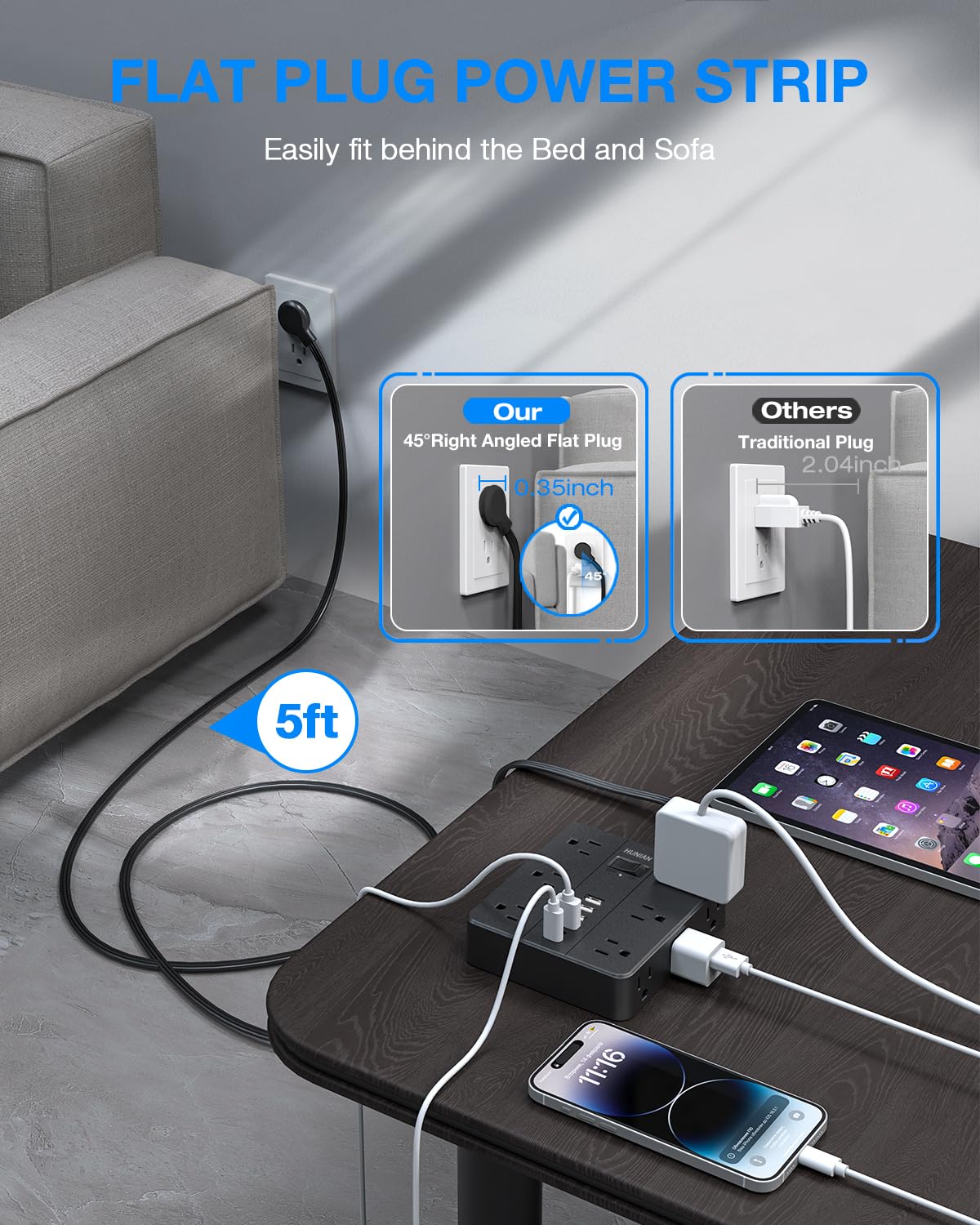 Flat Plug Power Strip, HUNIAN 5 Ft Extension Cord with 12 Widely Spaced Multiple Outlets 6 USB Charger (2 USB C Ports), Desk Charging Station for Home Office Supplies, Black
