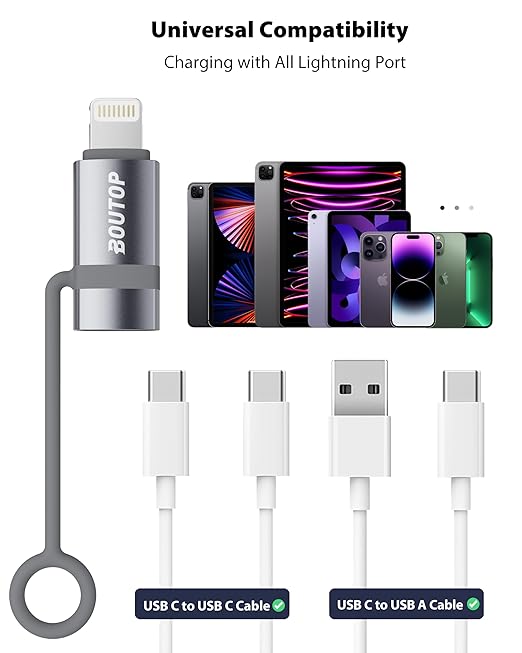 BOUTOP [MFi Certified] USB C to Lightning Adapter Support 36W PD Fast Charging with Anti-Loss Design Compatible with iPhone Gray -2 Pack