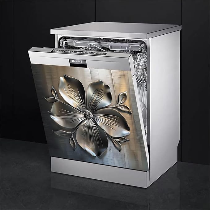 Metal Flower Dishwasher Magnetic Cover for Door Front, Retro Style Stainless Steel Refrigerator Magnet Decor Sticker, Dishwasher Magnet Panel Decal for Fridge Home Appliance 23 W x 26 H inches