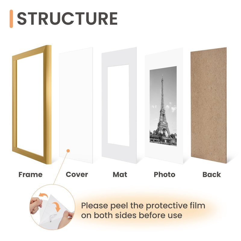 upsimples 11x14 Picture Frame Set of 5, Display Pictures 8x10 with Mat or 11x14 Without Mat, Wall Gallery Photo Frames, Gold
