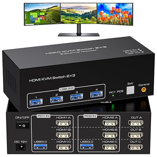 ATLAHET 2 Ports Share 1 Set of Keyboard Mouse 8K 60Hz HDMI KVM Switch 3 Monitors 2 Computers 4K 120Hz