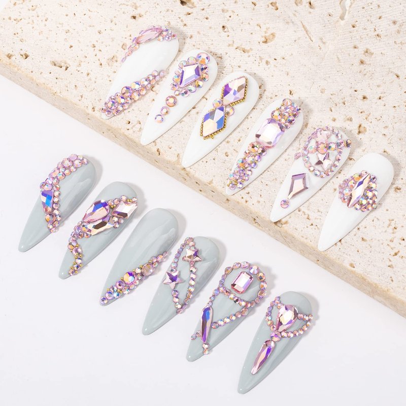 DZHILHMX Nail Rhinestones - 4300pcs Crystal Pink AB, Multiple Shape Gems, Flat Back Rhinestones, with Kit and Glue Gel, for Nail Art