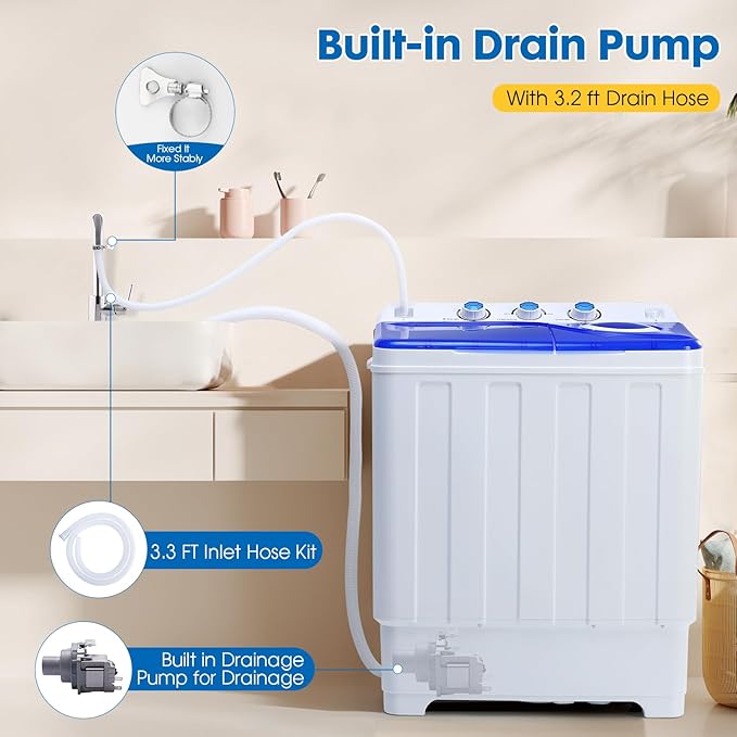 Portable Washing Machine Twin Tub - 28lbs Compact Washer(18lbs) and Dryer(10lbs) Combo with Drain Pump - Mini Laundry Machine for Apartments, Dorms, RVs, and Camping - Blue