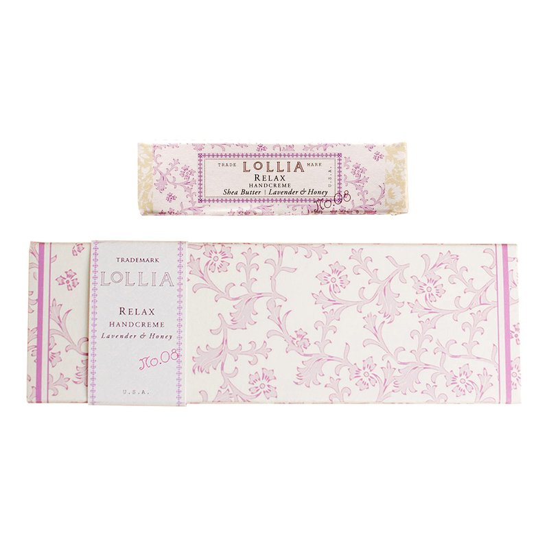 LOLLIA Relax Handcreme Bundle, 4 oz. & .33 oz. – Lavender & Honey – Scented Hand Cream for Women, Moisturizing Hand for Dry Hands, Shea & Cocoa Butter, Quick Absorbing Lotion, Travel Lotion