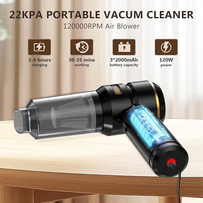 BJMCXIA Cordless Handheld Car Vacuum, 22000Pa Strong Suction with Brushless Motor, HEPA Filter, Bonus Washable Metal Filter, 4-in-1 Kit with Air Blower, Type-C Rechargeable for Car Pet Home, Black