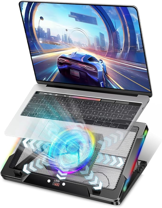 G-STORY Gaming Laptop Cooling Pad with Movable Fan and Automatic Speed Adjustable by Temperature,Music Sync RGB Light,Low Noise Laptop Cooler 3 Speed 1500/1750/2000RPM(140MM) Stand 12–17.3" Notebook