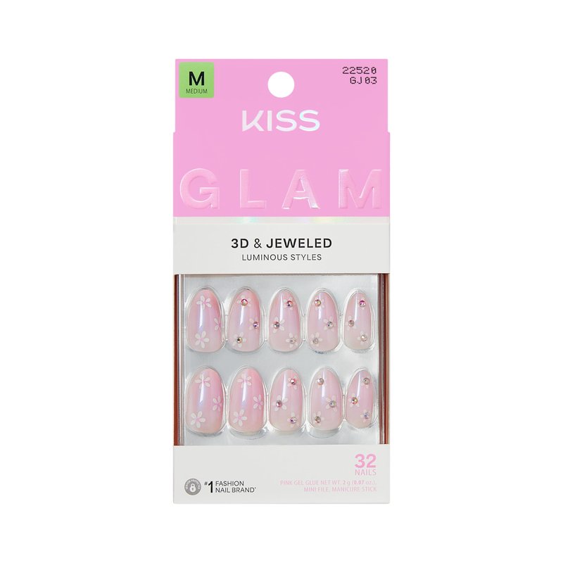 Kiss Glam, Press On Nails, Nail glue included, 'Breeze of Bliss', White, Medium Size, Almond Shape, Includes 32 Nails, 2g Glue, 1 Manicure Stick, 1 Mini File